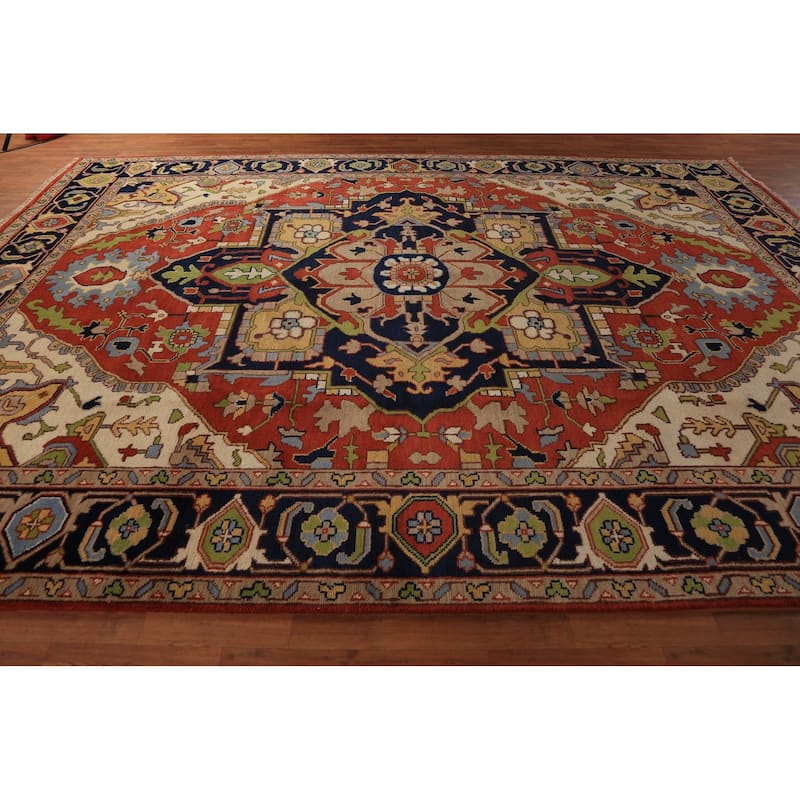 Orange Medallion Heriz Serapi Indian Large Rug Handmade Wool Carpet - 9'11"x 13'9"