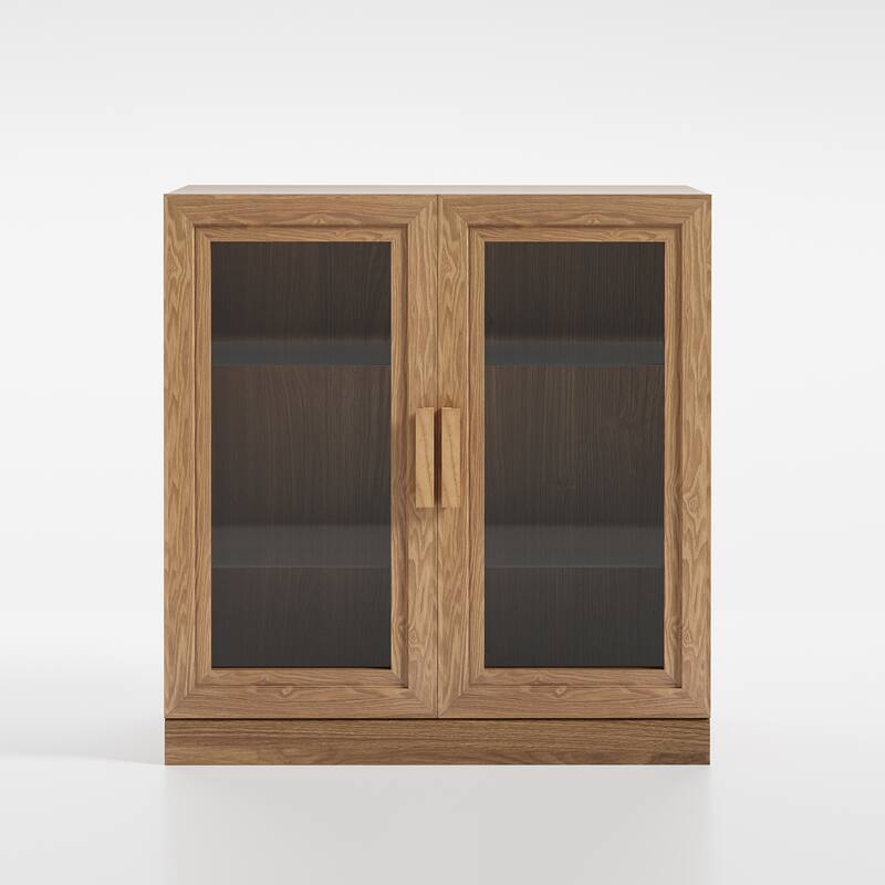 Wood Bookshelf Storage Cabinet with 2 Glass Door and Adjustable Shelf for Kitchen Bedroom Entryway Living Room Dinning Room