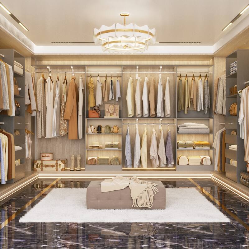 96'' W Walk-in Closet System with 4 Hanging Rods and 3 Shelving Towers, Sturdy Closet Organizer with Storage Shelves