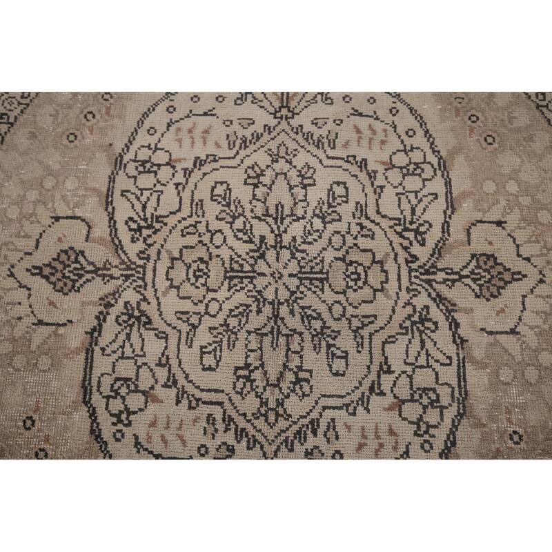 Distressed Tabriz Vintage Persian Rug Hand-Knotted Beige Wool Carpet - 6'6" x 9'11"