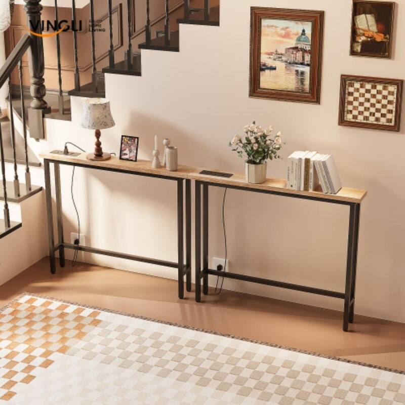 VINGLI 2-piece Set Triamine + Iron 200 * 15 * 79cm with Power Strip Foyer Table - Beige