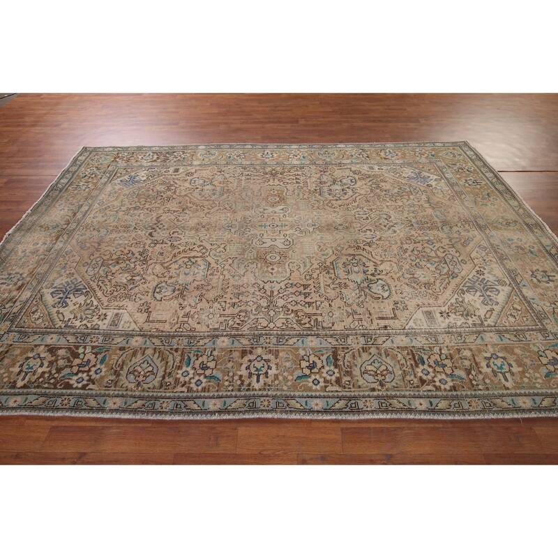Distressed Tabriz Vintage Persian Rug Hand-Knotted Peach Wool Carpet - 6'7" x 9'8"