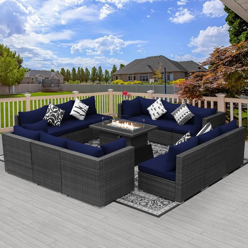 FINCATI Outdoor Grey Wicker Sectional Furniture Patio Sofa Set with Firepit Table - 13 Piece - Navy Blue
