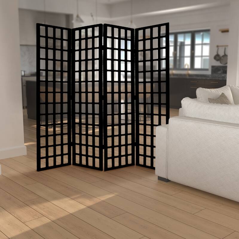 Wooden 4 Panel Foldable Window Pane Screen with Grid Design, Black