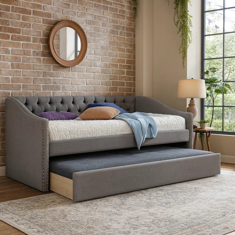 Trundle Daybed, Soft Tufted Gray Fabric Upholstery, Nailhead Design