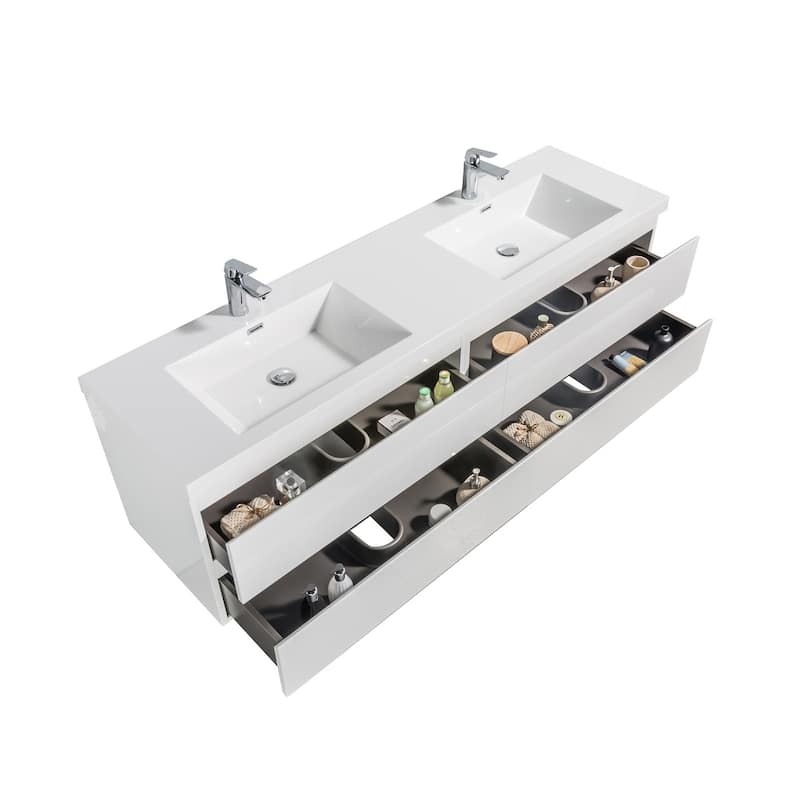 Alma-Pre 84 Inch Wall Mount Vanity with White Double Sink