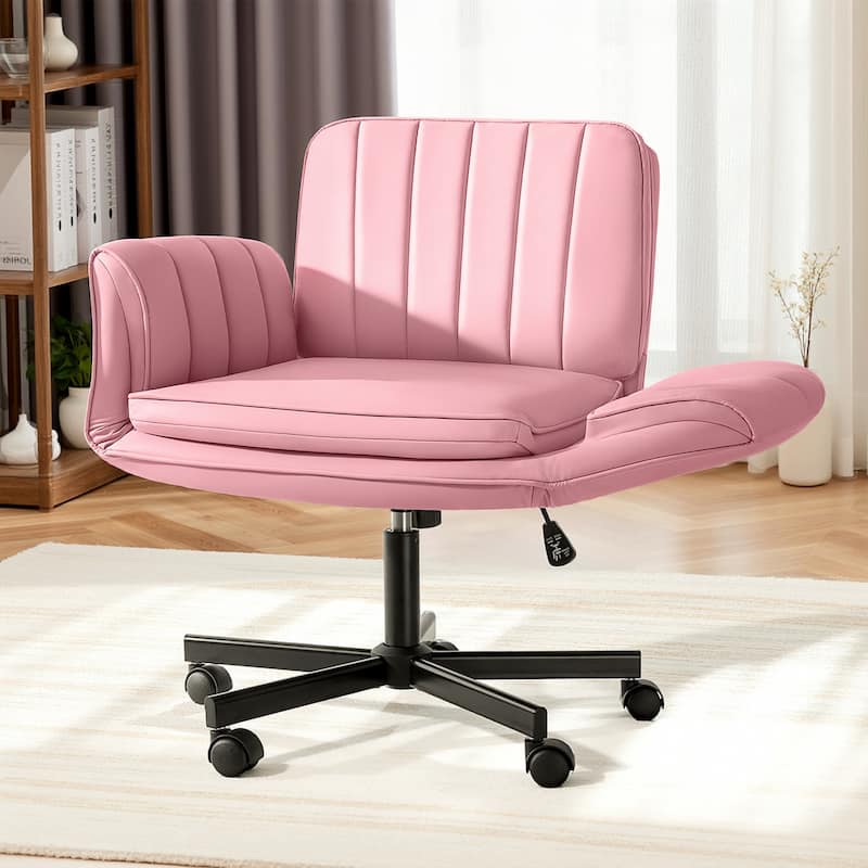 BOSSIN Criss Cross Office Chair with Arms and Wheels - Adjustable Swivel PU Leather Desk Chair for Makeup Vanity, Bedroom - Pink