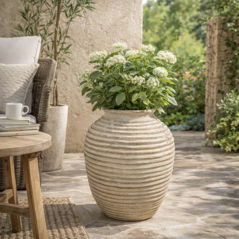 Lezlee Accent Planter, Beige Terracotta, Ridged Textured Urn, 13 Inch