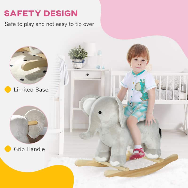 Rocking Horse, Kids Rocking Animal, Elephant Rocker with Realistic Sounds, Plush Ride on Toy for Years 2-4, Gray