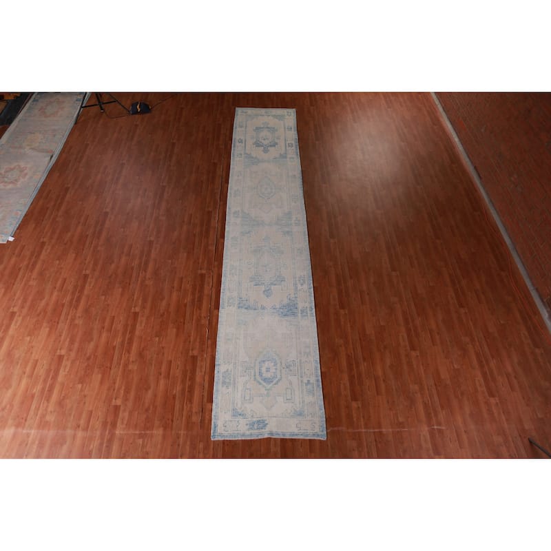 Hand Knotted Oriental 100% Wool Carpet Transitional Geometric Navy Blue & Blues Oushak Runner Rug - 17' 2'' X 3' 4''