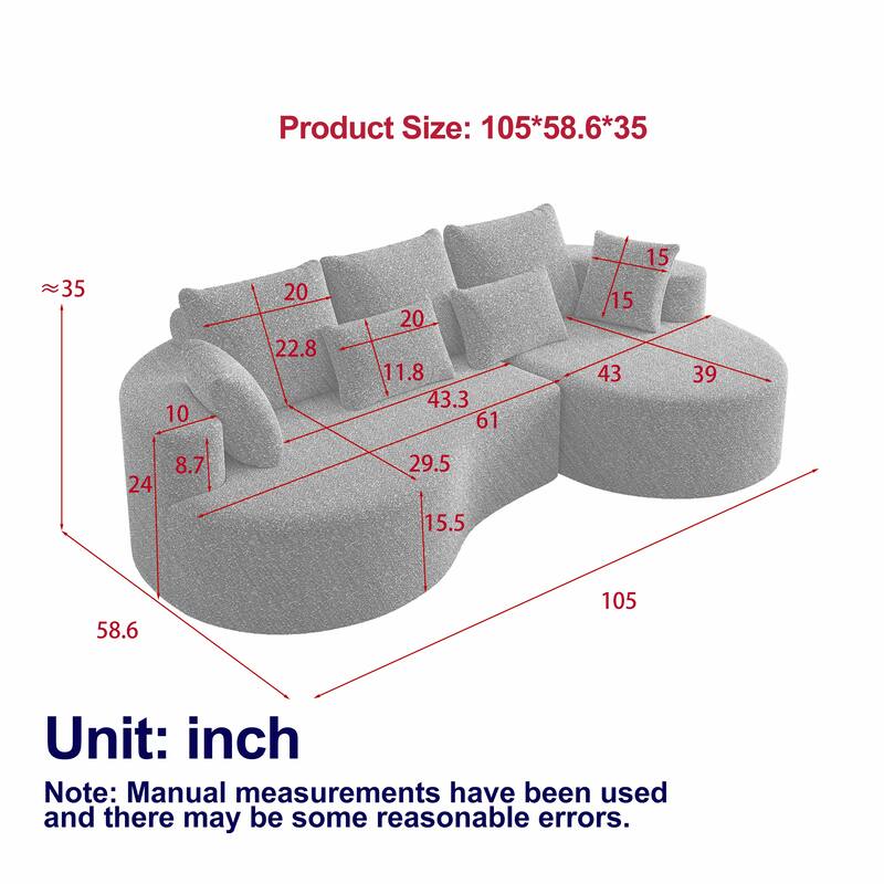 Oversized Chenille Upholstered Boneless Sofa, L-Shaped Curved Sectional Sofa, Deep Seat Cloud Couch with 7 Pillows - Beige