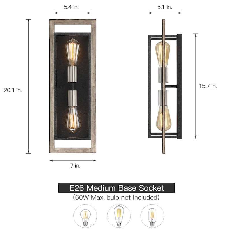 2-Light Black/Wood Tone Dimmable Rustic Farmhouse Wall Sconce - 20"H x 7"W x 5"D - 7 in. W
