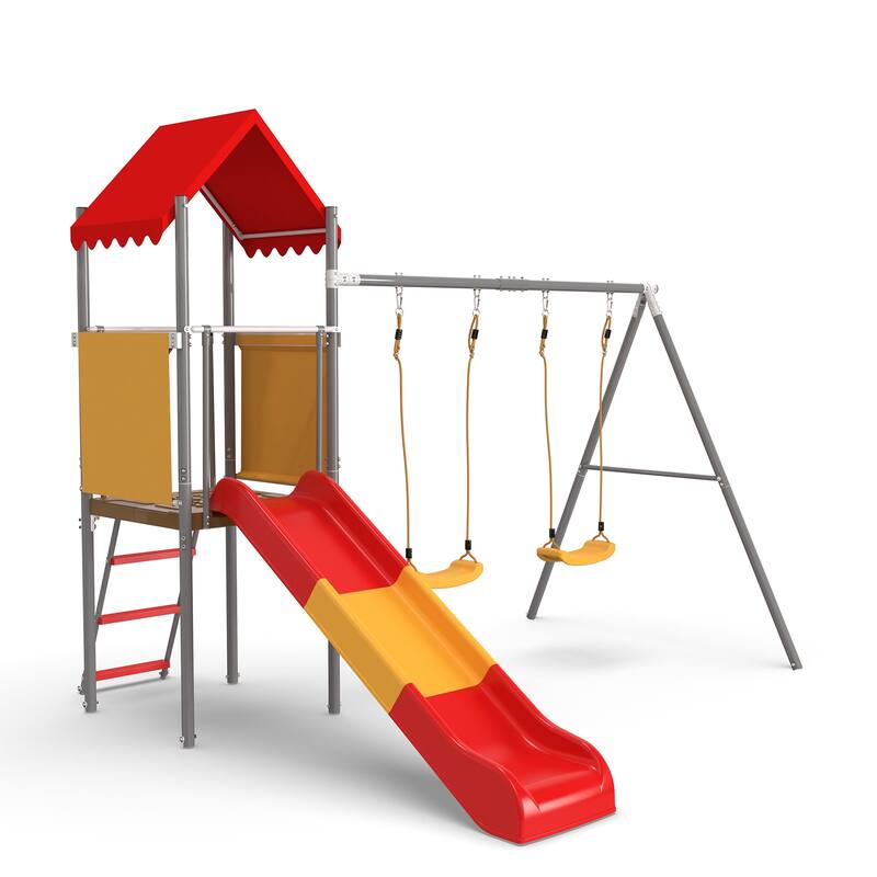 Metal and Plastic Treehouse Swing Set with Slide, Belt Swings, and Canopy Safe, Sturdy, and Portable for Kids Ages 3-8
