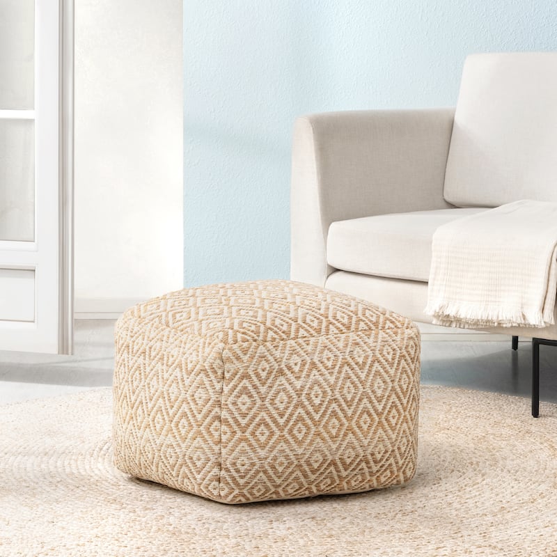 Jani 22-inch Ottoman Pouf - Handcrafted Handmade Ottoman for Seating, Footrest, Home Decor for Living Room, Bedroom - Mustard/Ivory