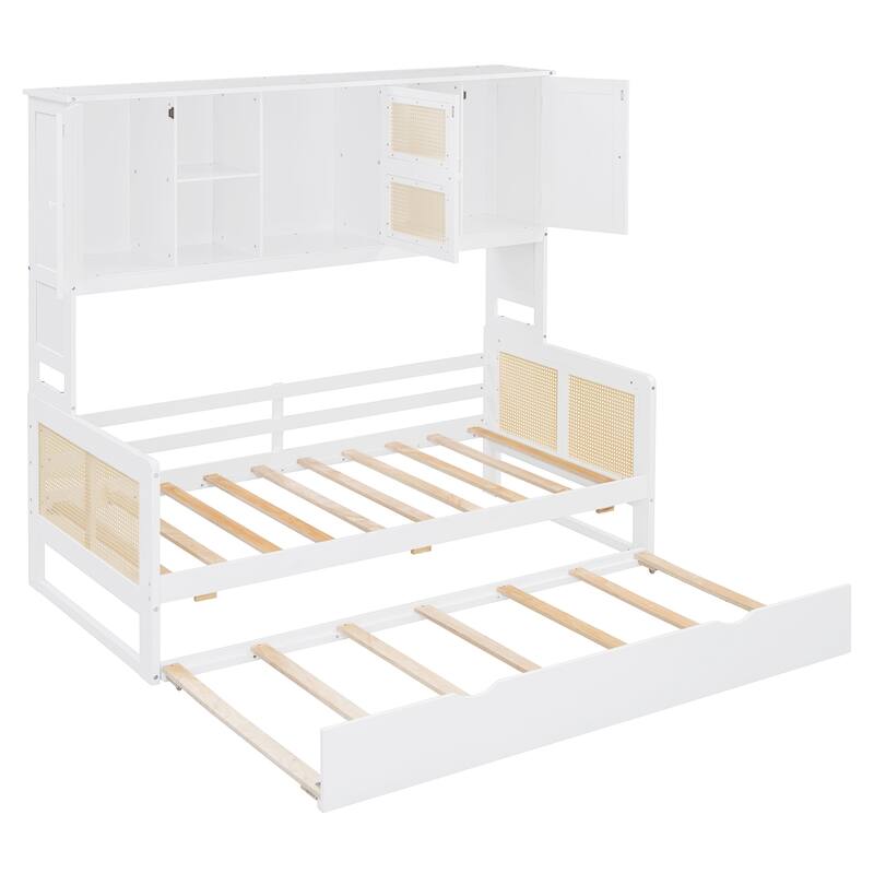 Twin Size Wooden Daybed with Twin Size Trundle, All-in-One Cabinet and Shelf, Modern Sofa Bed Frame w/ Wood Slat Support