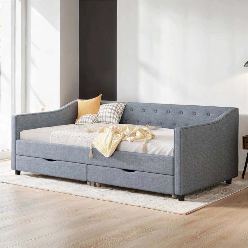 Upholstered Tufted Twin Size Daybed with Drawers, Button on Back