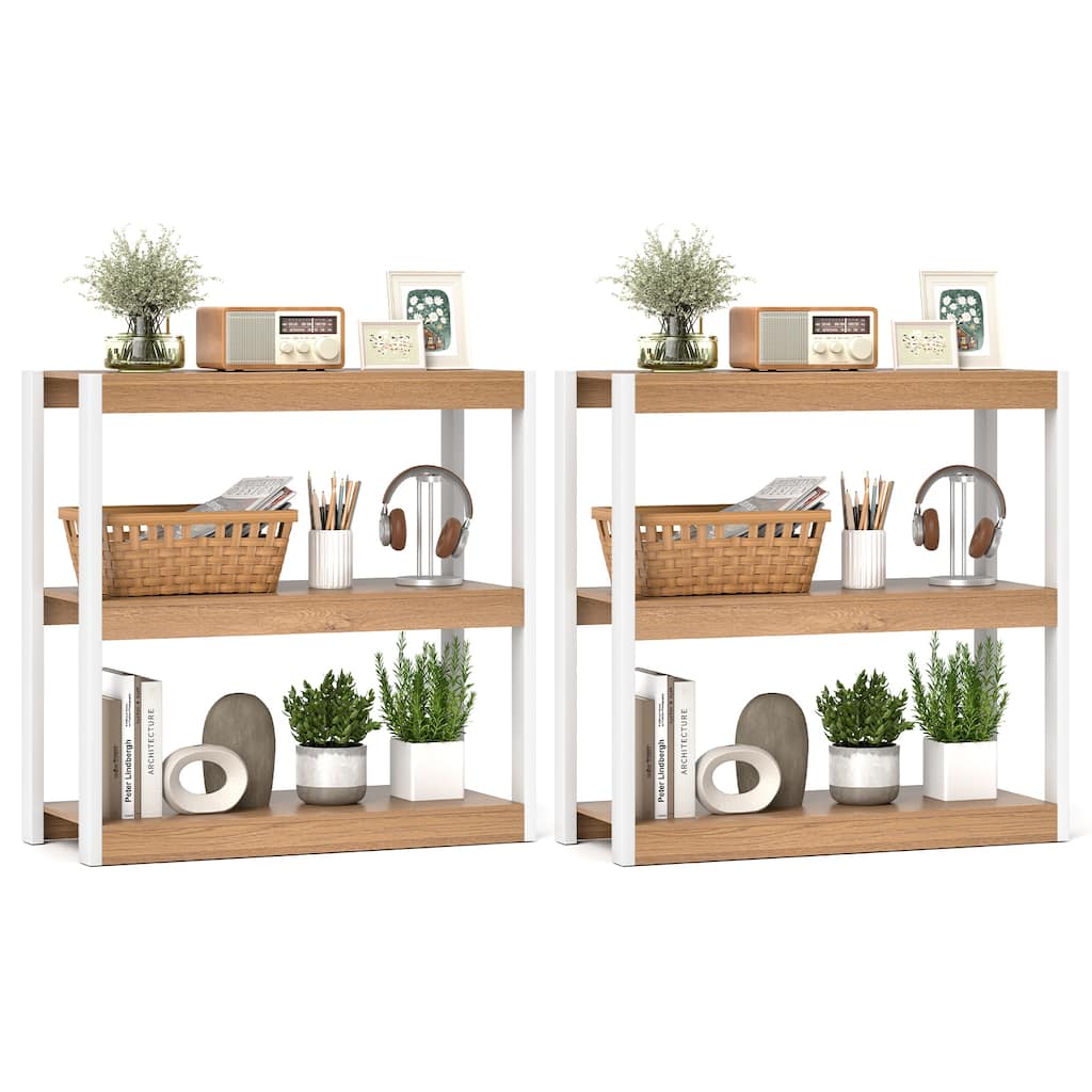 Gymax 2 PCS 3 Tier Bookshelf Wooden Bookcase w/ Dual Anti-Tipping Kits