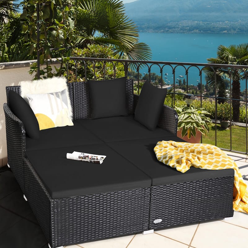 Costway Outdoor Patio Rattan Daybed Pillows Cushioned Sofa Furniture - See details - Black