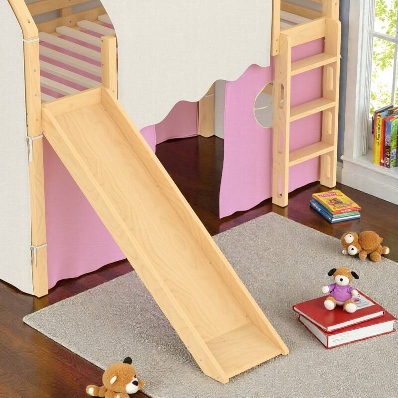 House Loft Bed with Slide & Tent, Solid Wood Kids Bed w/ Ladder, Guardrails, Playhouse Design, No Box Spring Needed