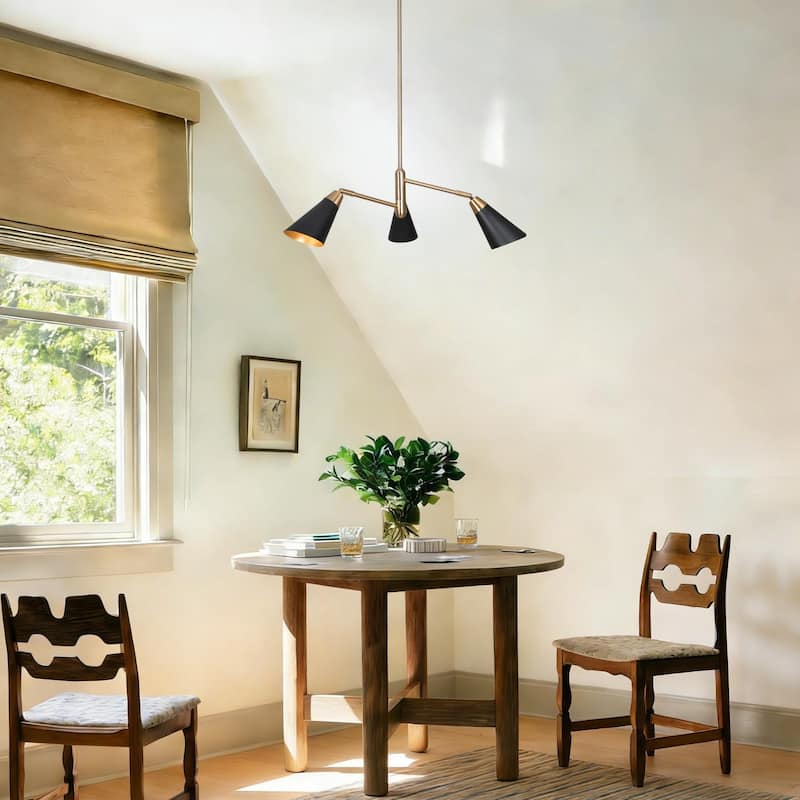 23 in Mid Century Modern 3-Arm Black and Gold Pendant Chandelier with Adjustable Metal Cone Shades for Dining Room