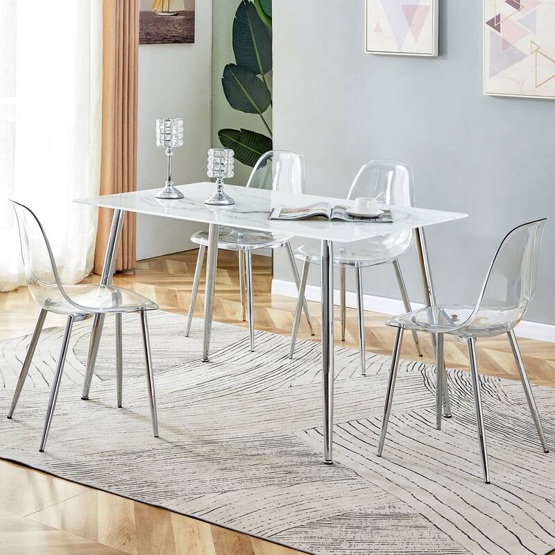 51" Tempered Glass Dining Table, Rectangular Living Room Table with Faux marble Tabletop and Metal Legs and Non-Slip Feet - White Marble