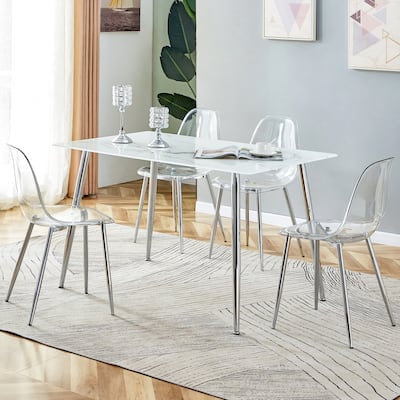 51" Tempered Glass Dining Table, Rectangular Living Room Table with Faux marble Tabletop and Metal Legs and Non-Slip Feet