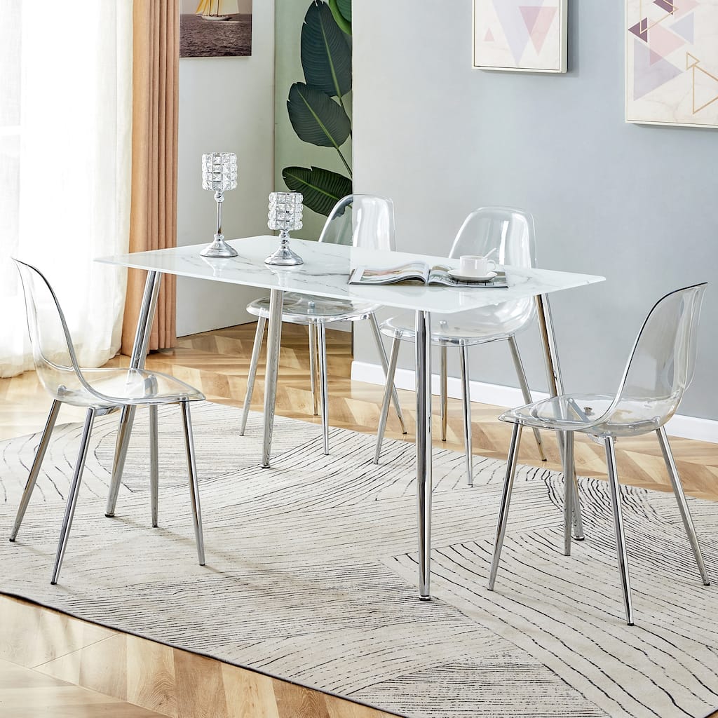 51" Tempered Glass Dining Table, Rectangular Living Room Table with Faux marble Tabletop and Metal Legs and Non-Slip Feet
