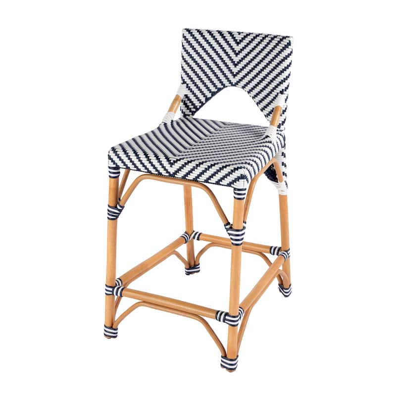 Creanly 25.25"H Seat Rattan Counter Stool with Back - White/Navy Dot