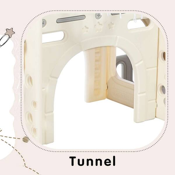 dimension image slide 4 of 7, Freestanding Castle Climbing Playset with Slide, Tunnel, Ring Toss, and Basketball Hoop - Toy Storage Organizer for Kids