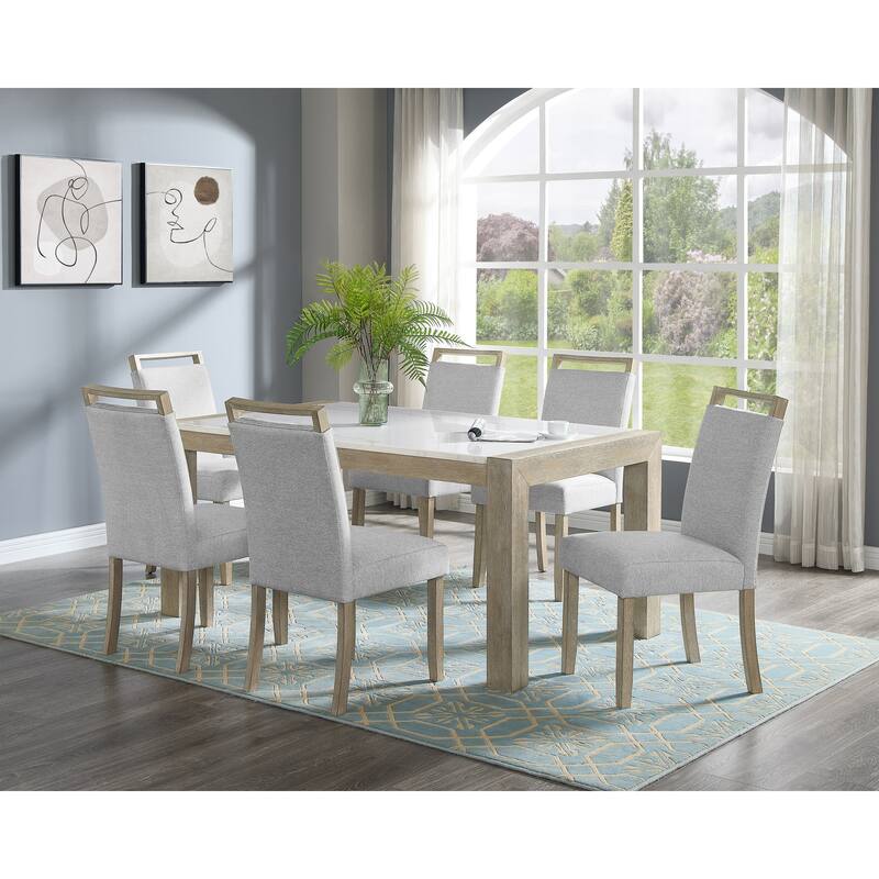 7 Piece Marble Dining Table Set, Wooden Dining Room Furniture Set with Rectangular Table and 6 Upholstered Chairs - Gray