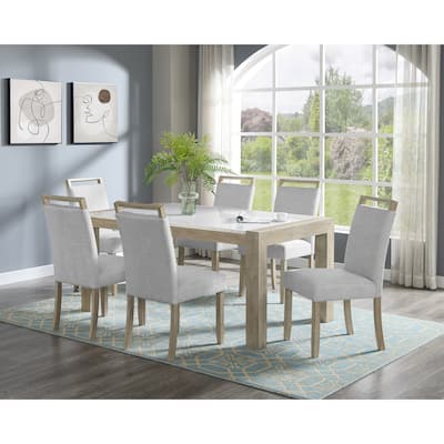 7 Piece Marble Dining Table Set, Wooden Dining Room Furniture Set with Rectangular Table and 6 Upholstered Chairs