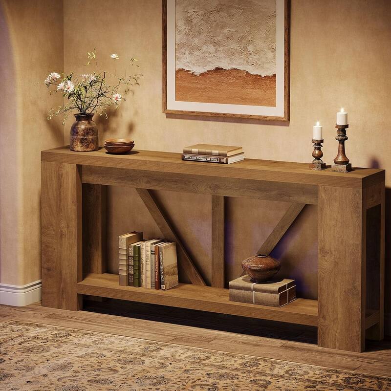 70.9 Inches Brown Engineered Wood Console Table, 2-Tier Behind Couch Sofa Table for Living Room