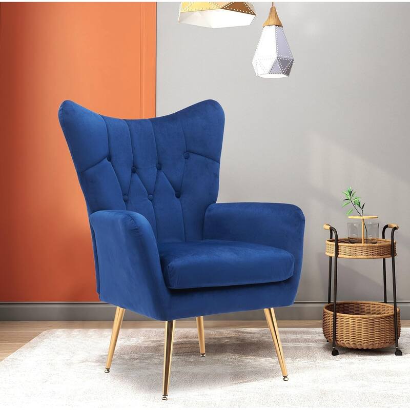 Modern Chic Mid-Century Velvet Accent Armchair Button-Tufted Wingback Design with Gold Flared Legs