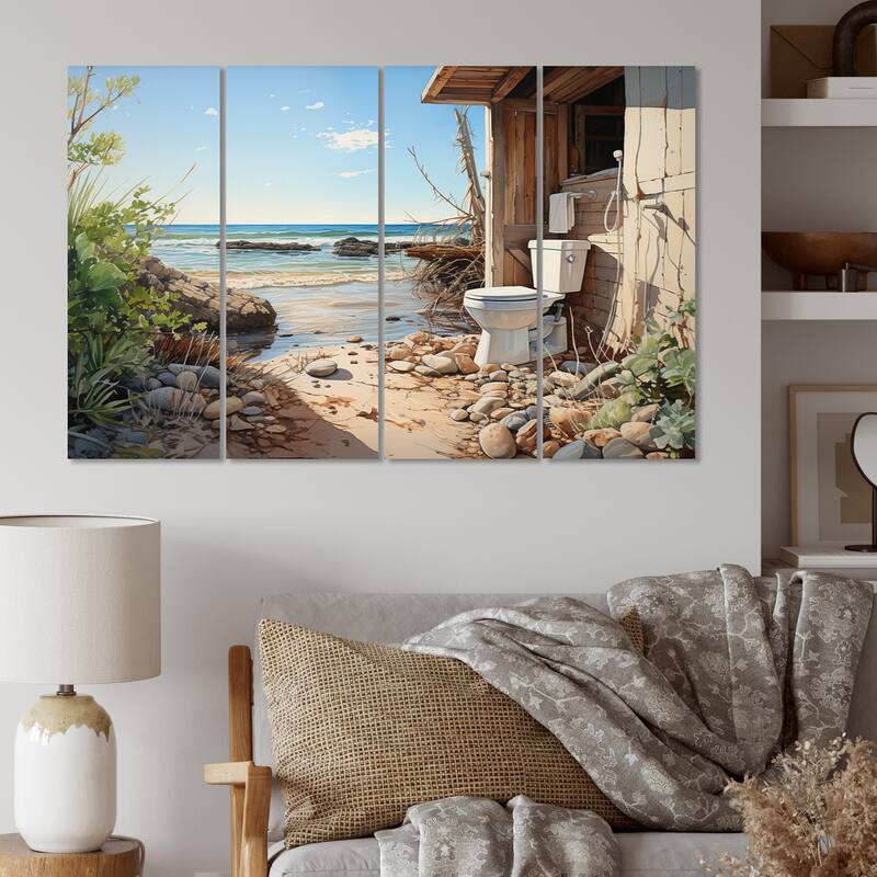 Designart "Bathroom Toilet Coastal Escape II" Bath & Laundry Multipanel Canvas Print set - 48 In. Wide X 28 In. High - 4 Panels Equal Panels