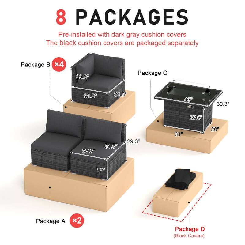 9-Piece Outdoor Wicker Patio Sectional Conversation Set with Fire Pit