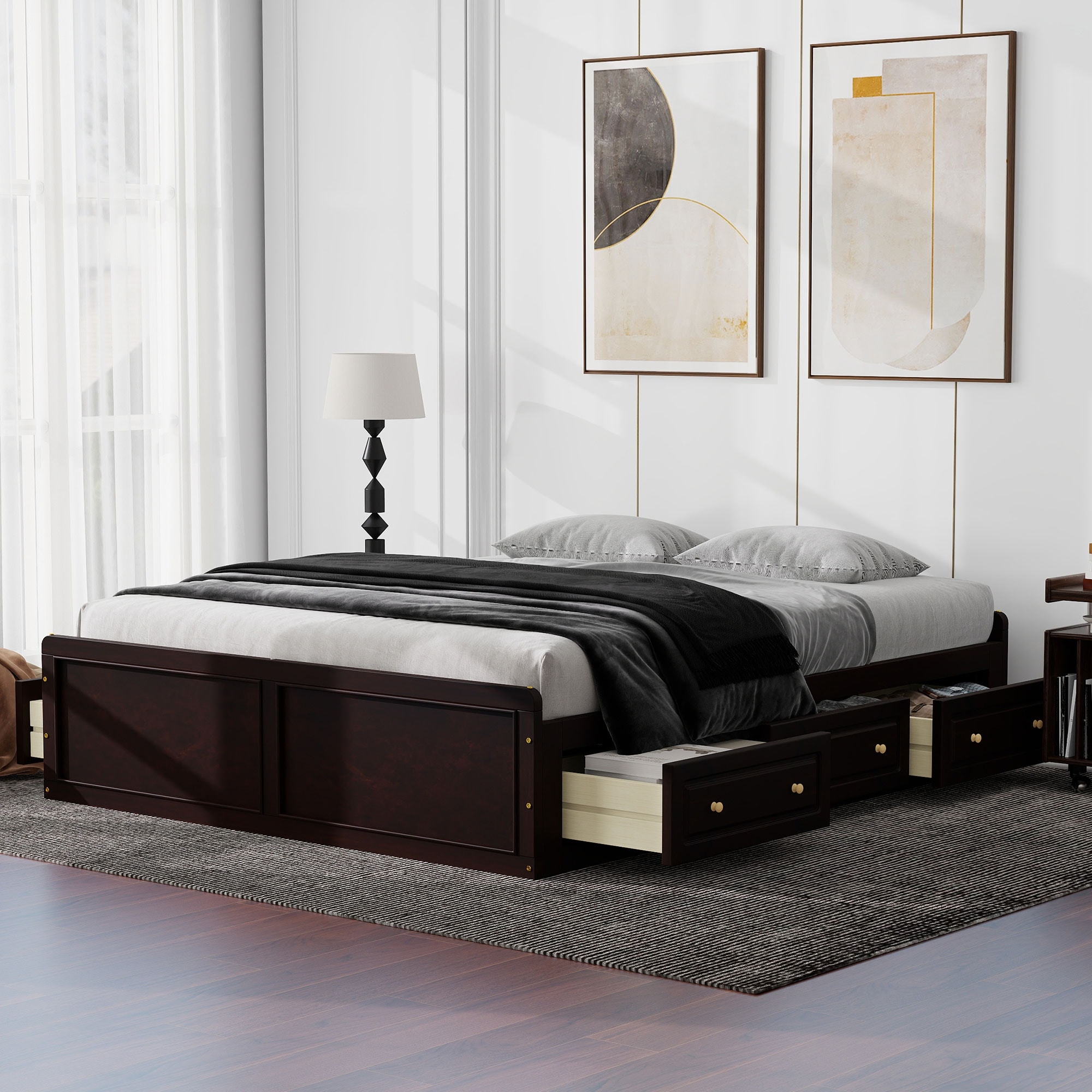 Wood Queen Size Platform Bed Frame with 6 Storage Drawers by Harper & Bright Designs