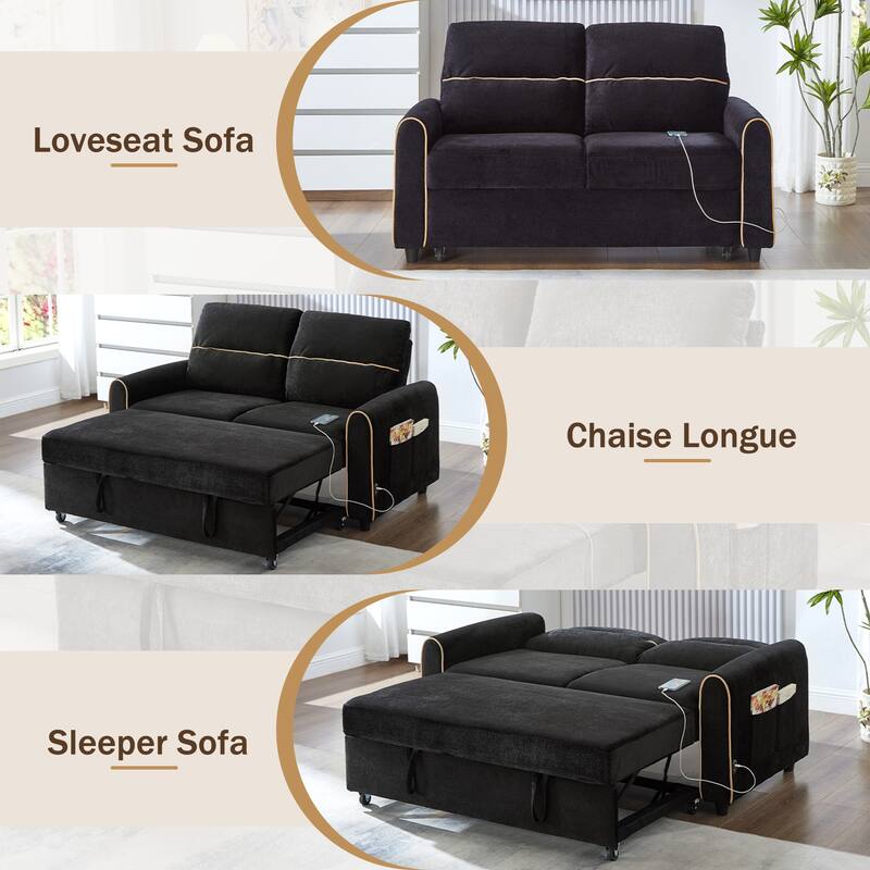 GDFStudio - 58" Chenille Convertible Sleeper Sofa with USB
