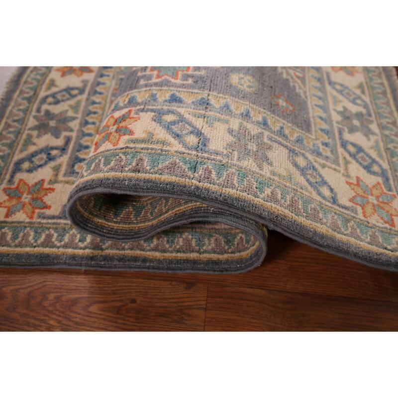 Gray Geometric Kazak Accent Rug Hand-Knotted Foyer Wool Carpet - 2'8" x 4'1"