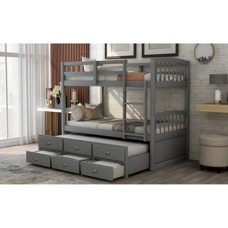 Twin Bunk Bed with Ladder, Safety Rail, and Trundle with 3 Drawers for Bedroom or Guest Room