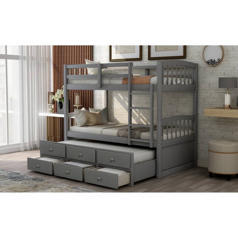 Twin Over Twin Bunk Bed with Twin Trundle, 3 Drawers, and Ladder