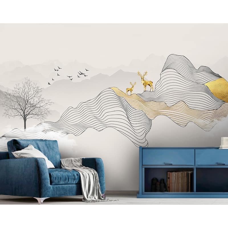 GK Wall Design Abstract Gold Horned Deer Black Stripes Minimalist Wallpaper
