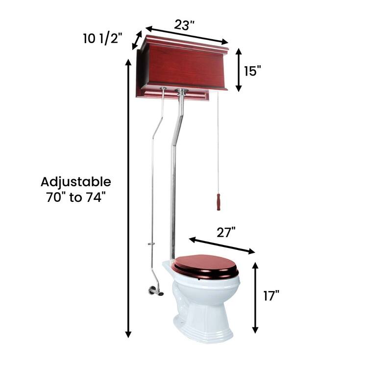 High Tank Toilet - Cherry Wooden Tank, Elongated White Bowl and Chrome L Pipes Renovators Supply - White