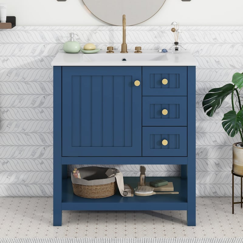 30" Transitional Style Bathroom Vanity Cabinet Combo with Ceramic Sink