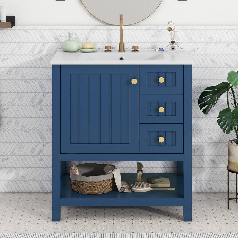 30'' Transitional Style Bathroom Vanity Combo with Ceramic Sink, Bathroom Vanity Cabinet with 1 Soft Close Door and 2 Drawers - Blue