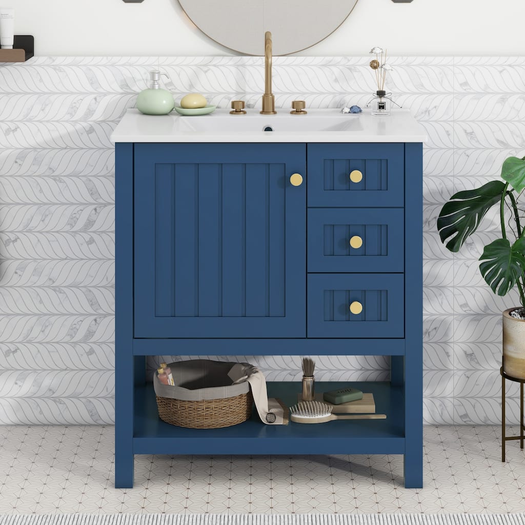 30'' Transitional Style Bathroom Vanity Combo with Ceramic Sink, Bathroom Vanity Cabinet with 1 Soft Close Door and 2 Drawers
