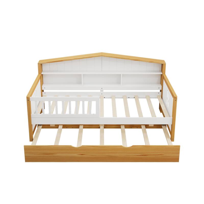 Wooden Twin Size House Shape Bed with Trundle and Bookcase Headboard