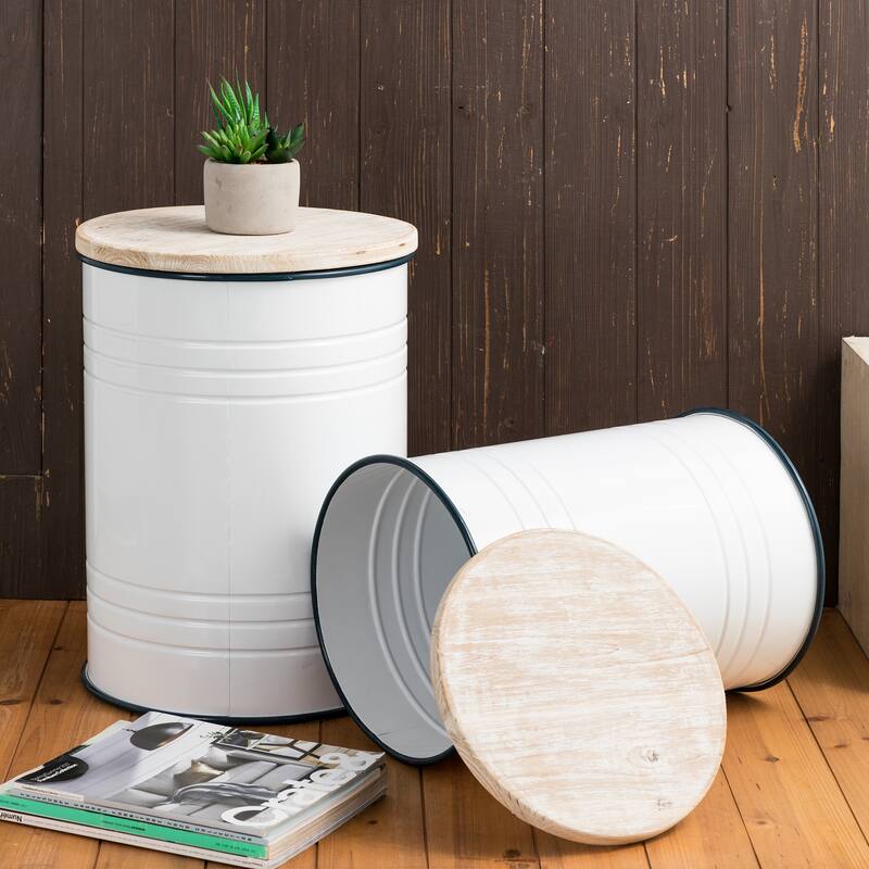 Glitzhome Industrial Farmhouse Round Storage Side Tables (Set of 2) - Galvanized White