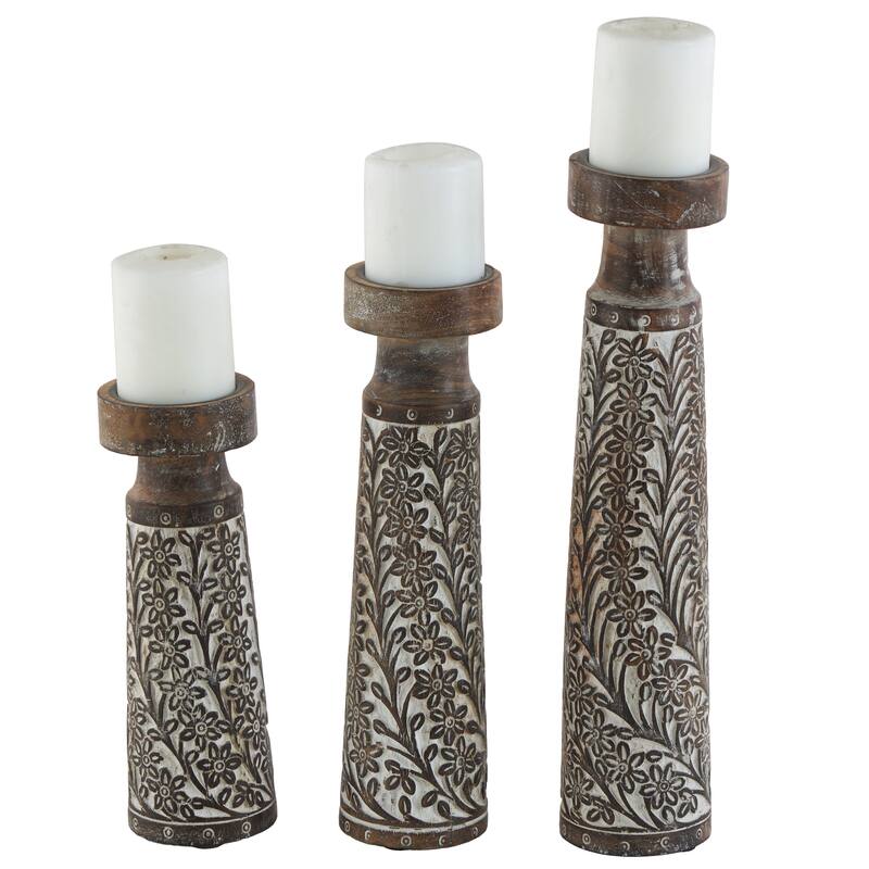 Mango Wood Floral Handmade Carved Pillar Candle Holder with Cream Accents - Set of 3 Brown - Roche River Decor