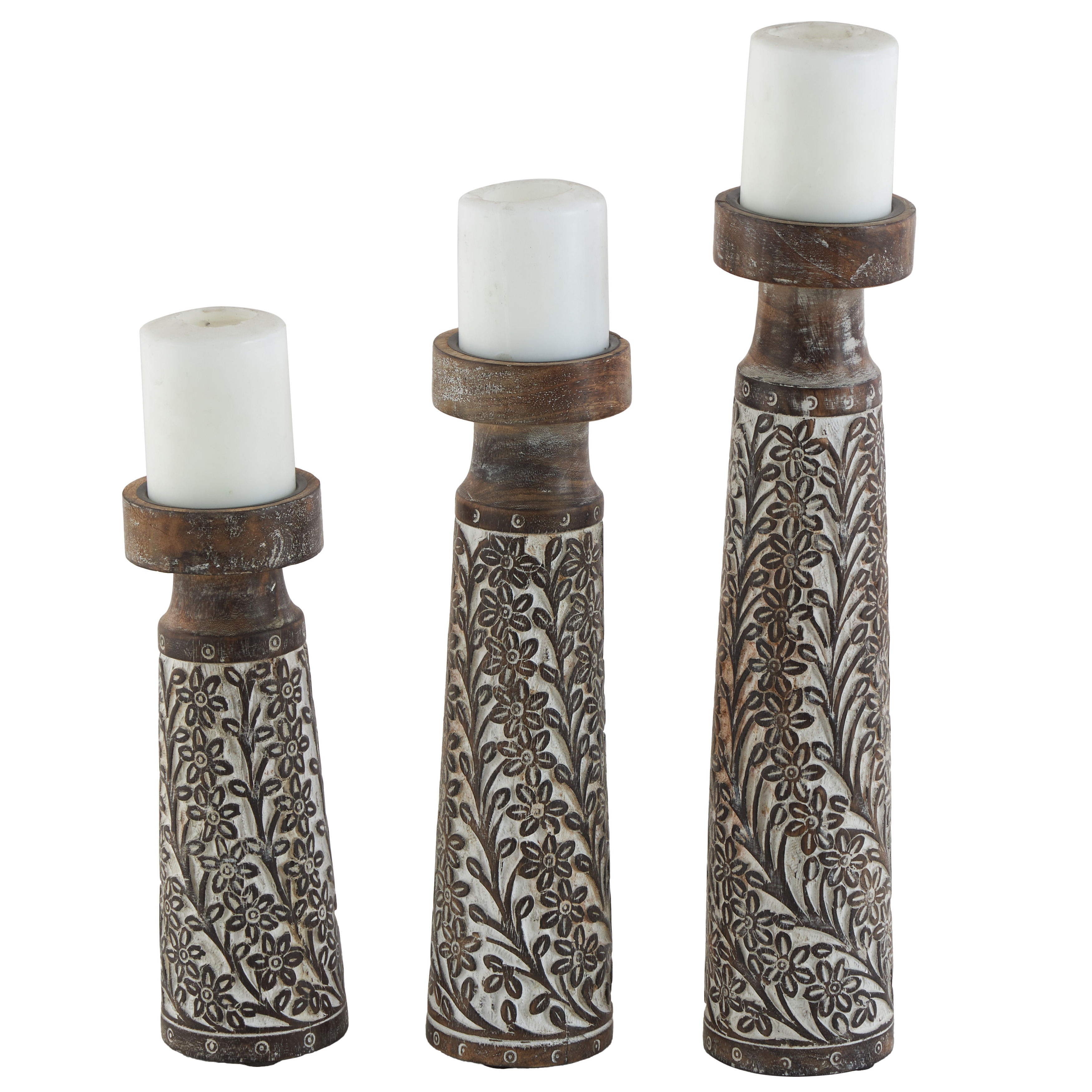 Roche River Decor - Mango Wood Floral Handmade Candle Holder with Whitewashed Cream Backing - Set of 3 Brown