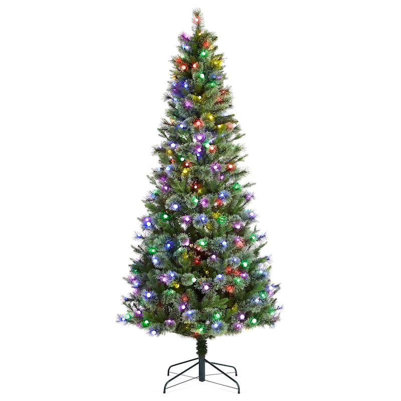 Glitzhome 7.5ft/9ft Pre-Lit Green Slim Pine Artificial Christmas Tree with Foot Pedal & Remote Control